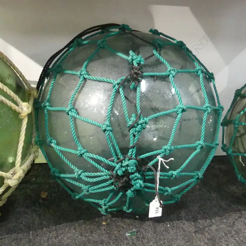 OLD GLASS FISHING FLOAT WITH NETTING, DIA. 400MM Image 1++