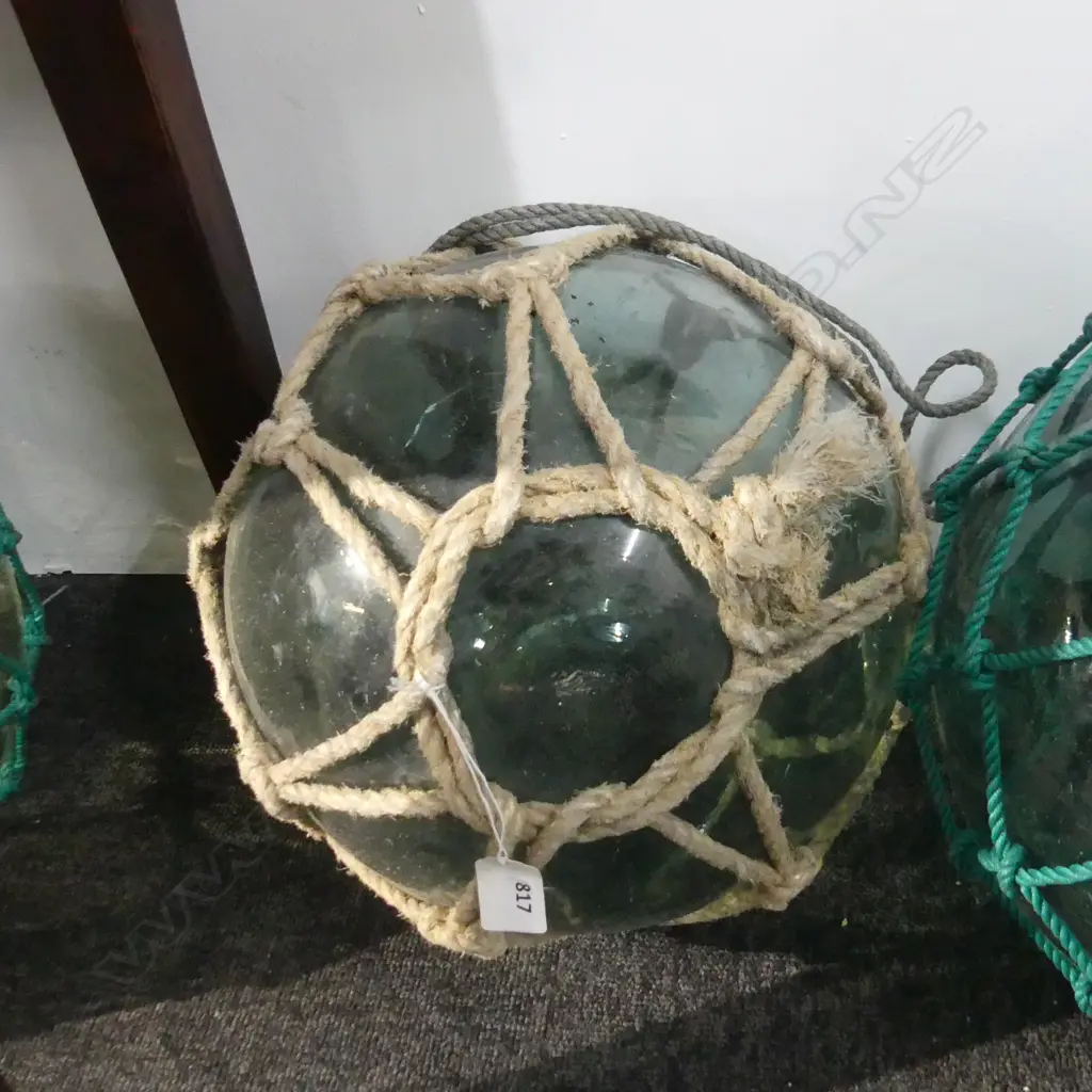 OLD GLASS FISHING FLOAT WITH NETTING, DIA.  340MM Image 1++
