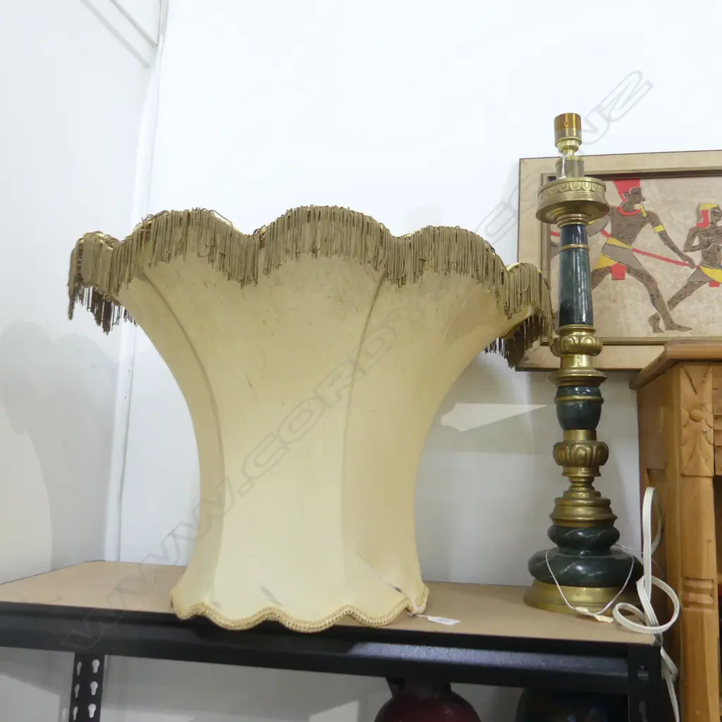 GREEN MARBLE & BRASS TABLE LAMP BASE H. 660MM + LG OLD LAMP SHADE (A/F) DIA 580MM H.350mm Image 1++