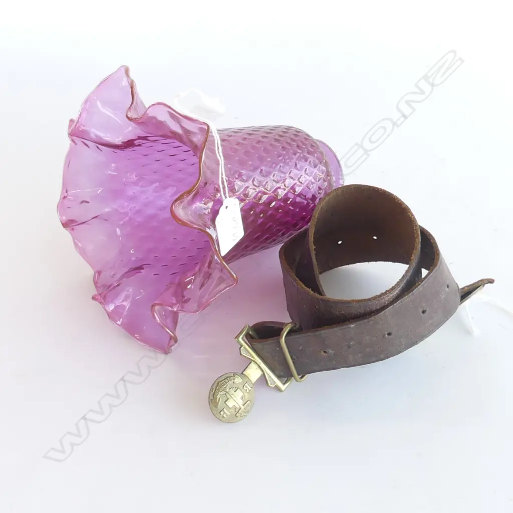 2 ITEMS. C1900 FRILLED CRANBERRY GLASS TRUMPET  SHADE ( H.170mm) & BOYS BRIGADE BELT.  Image 1++