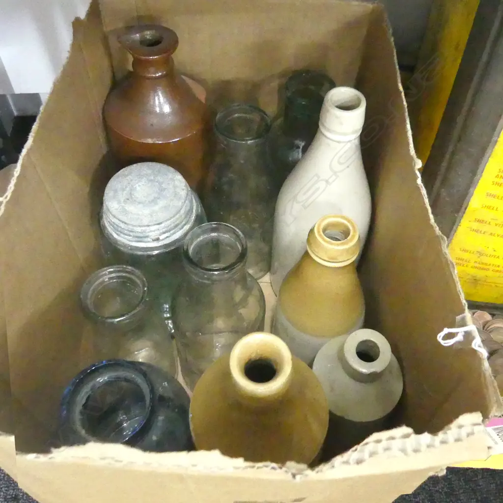 BOX LOT 5 STONEWARE BOTTLES & 5 GLASS BOTTLES & JAR Image 1++