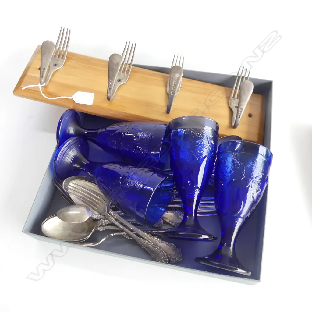 ASST S/PLATE CUTLERY + FORK COAT RACK + 4 BLUE GLASS GOBLETS Image 1++