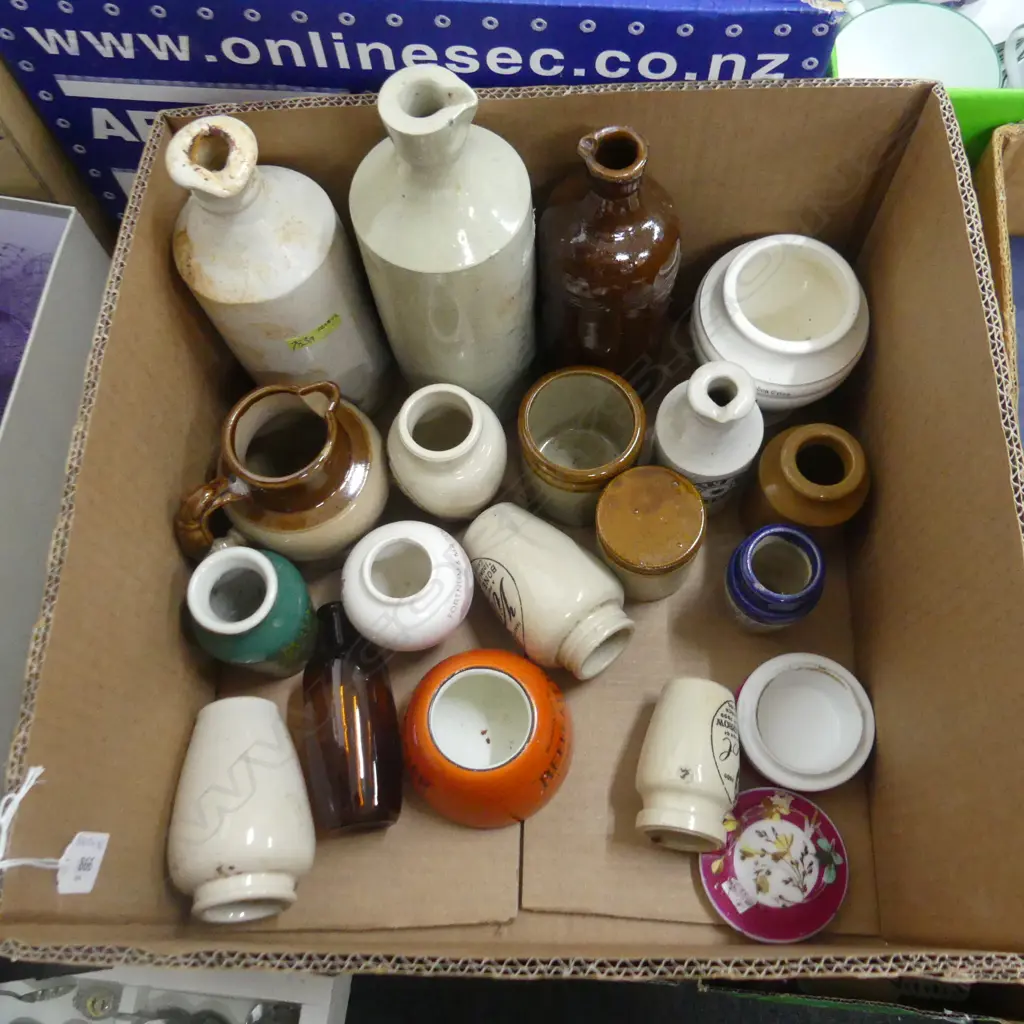 BOX LOT STONEWARE BOTTLES ETC Image 1++