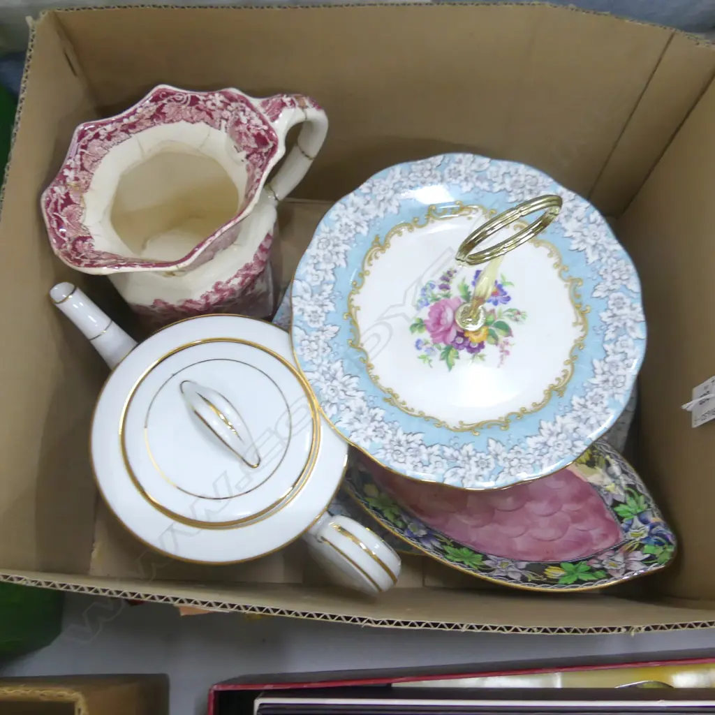 4 ASST CHINA; ROYAL ALBERT 'ENCHANTMENT' 2 TIER CAKE STAND, MASONS VISTA JUG (A/F) MALING THUMBPRINT DISH & RJ TEAPOT Image 1++