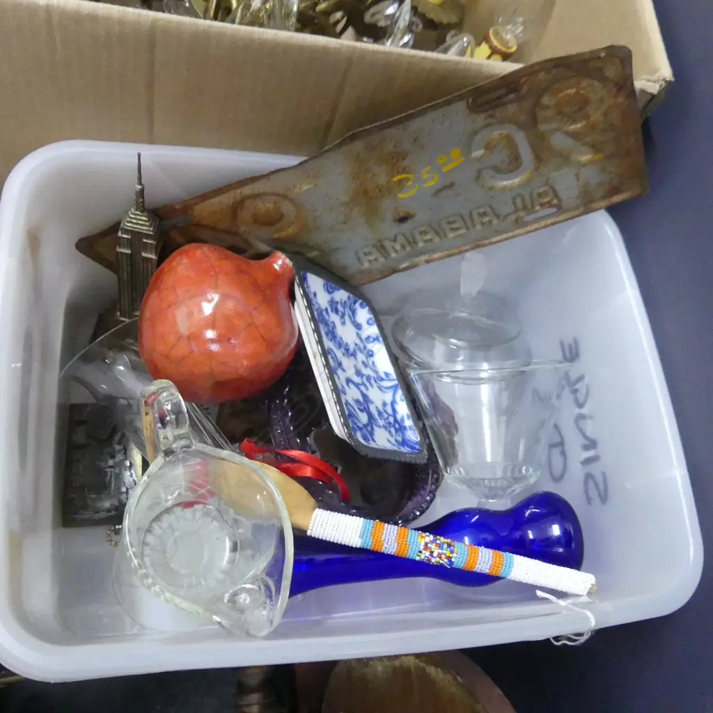BOX MISC INC.MEMORABILIA, GLASS, PETRIFIED WOOD ASHTRAY, OLD NUMBER PLATE ETC.. Image 1++