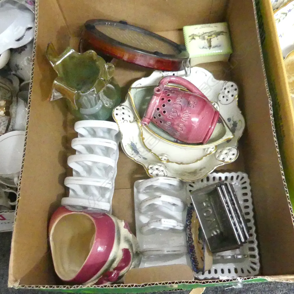 BOX ASST PORCELAIN, CHINA, GLASS ETC INC. PORCELAIN TOAST RACKS, CROWN LYNN ETC.. Image 1++
