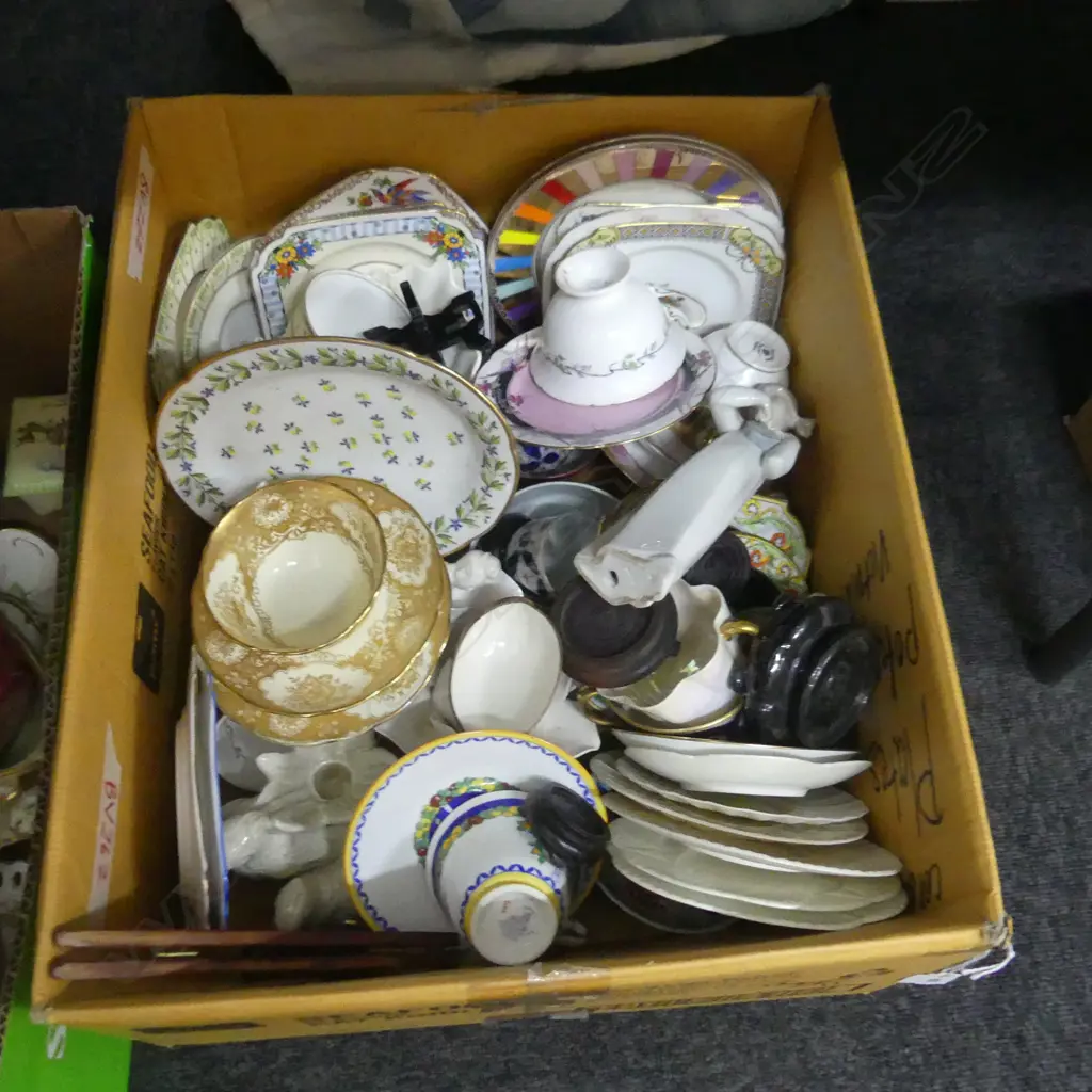 BOX LOT ASST. CHINA; TEA CUPS, NAO FIGURINE ETC Image 1++