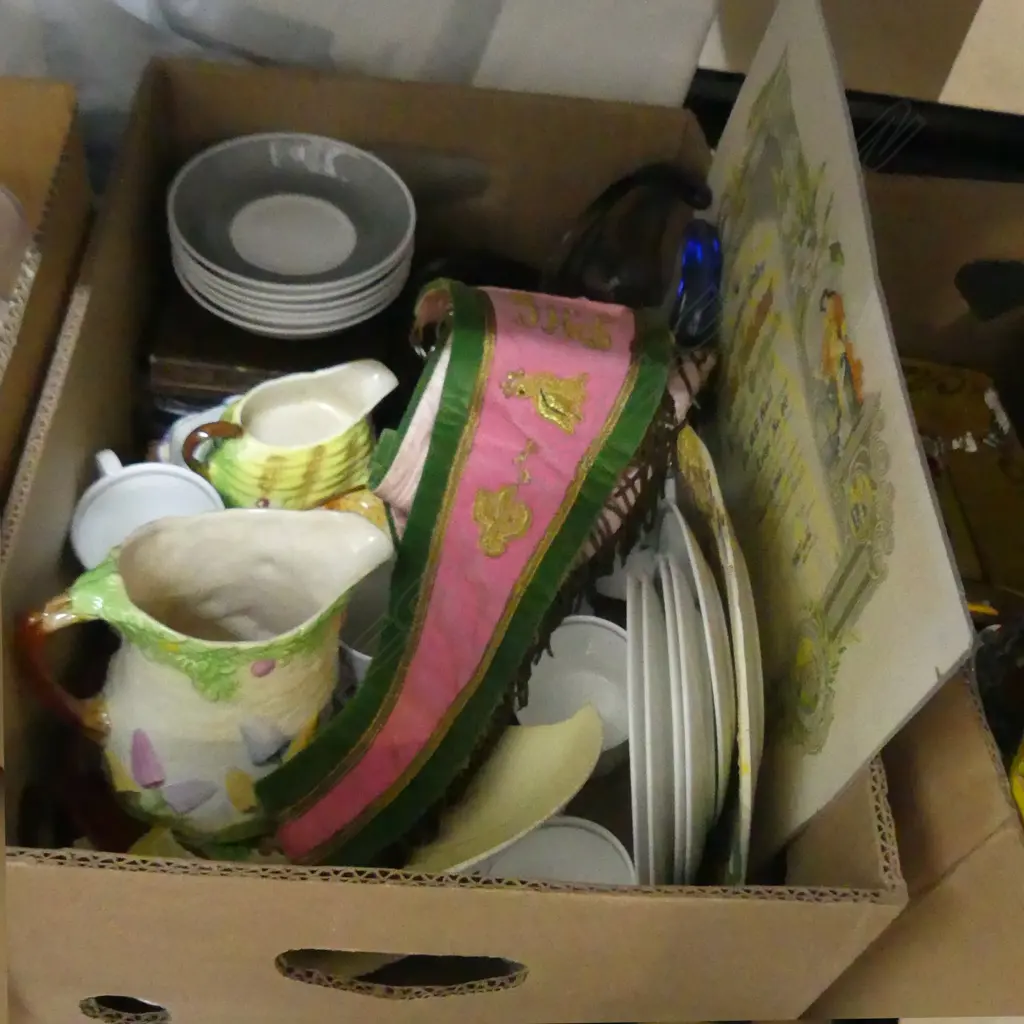 BOX LOT ASST. CHINA; SUSIE COOPER, BOXED CUTLERY, ROYAL WINTON, 2 PCES ART GLASS, ODD FELLOWS CERTIFICATE & COLLAR ETC Image 1++