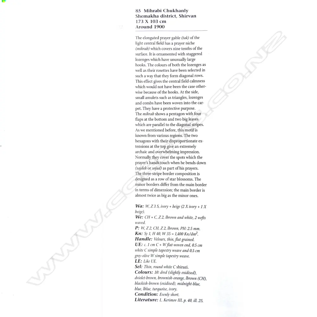 A Mihrabi Chukhanly, Shirvan prayer rug. Circa 1900. 173 x 105cm. Image 1++