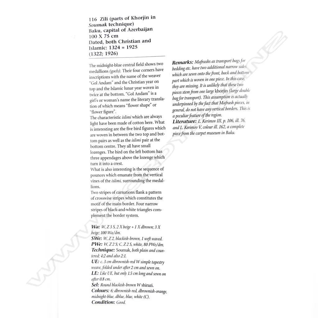 A Zili flatweave, from Baku. Dated 1925. 100 x 75cm Image 1++