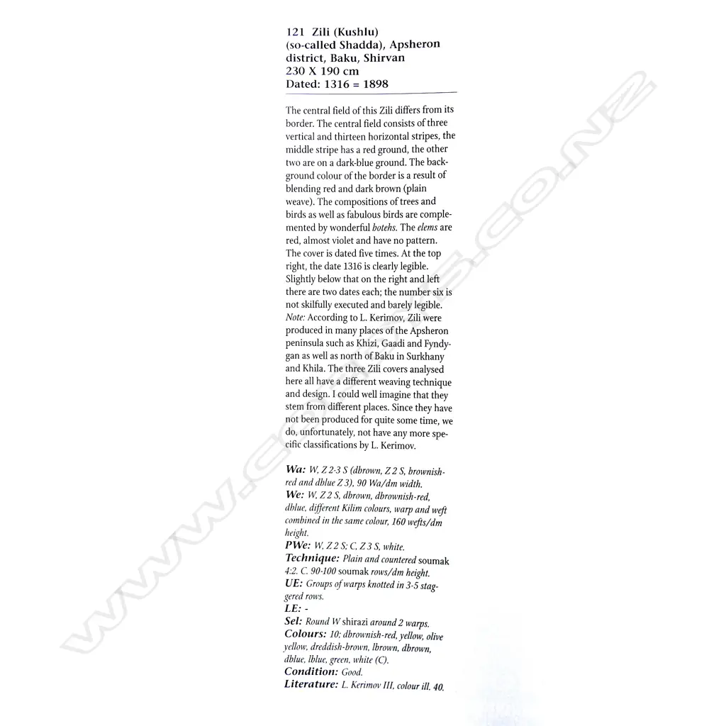 A Shadda Zili flatweave, Shirvan, 1898. 230 x 190cm Image 1++