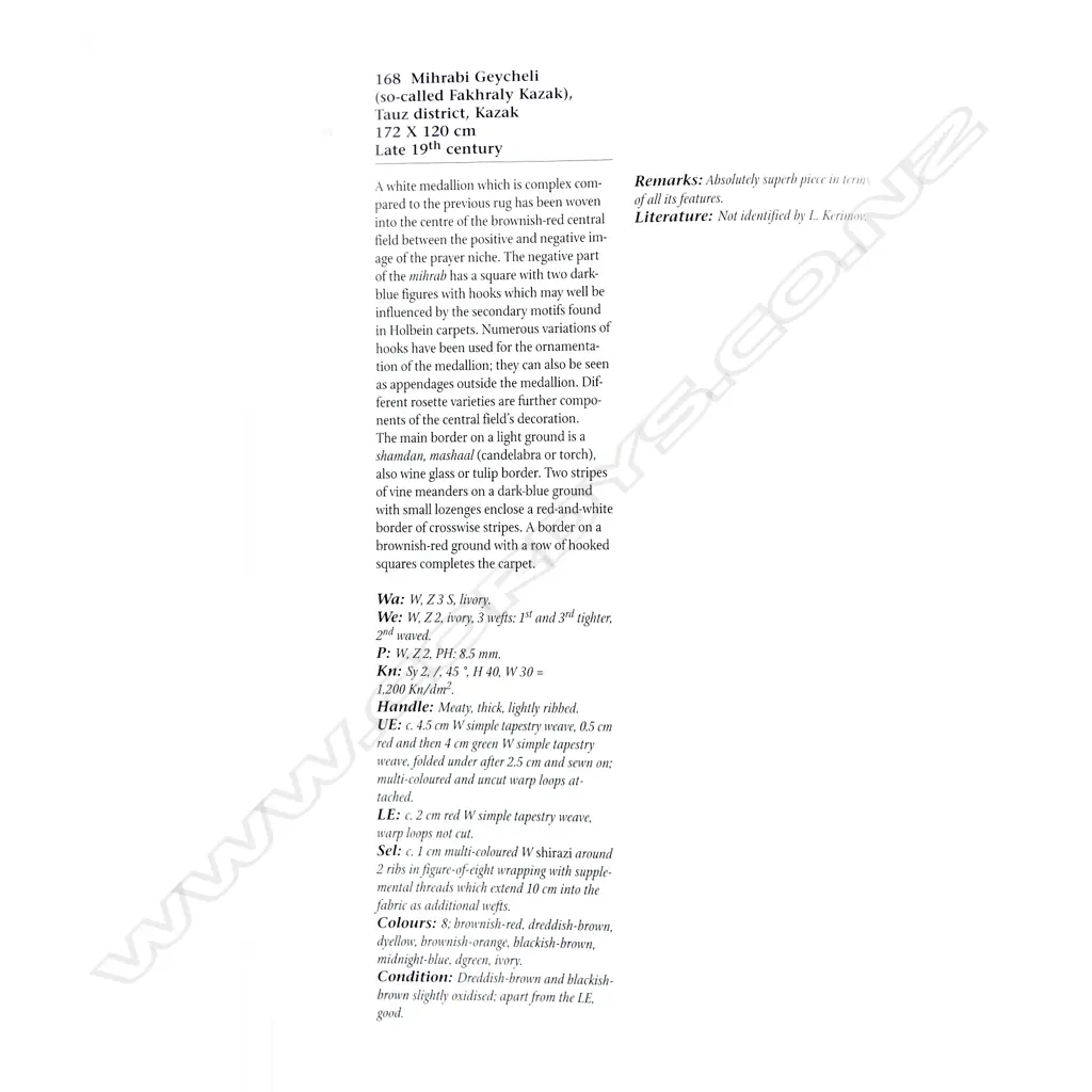 A Mihrabi Geychelli (Fakhraly Kazak) prayer rug. Late 19thC. 172 x 120cm. Image 1++