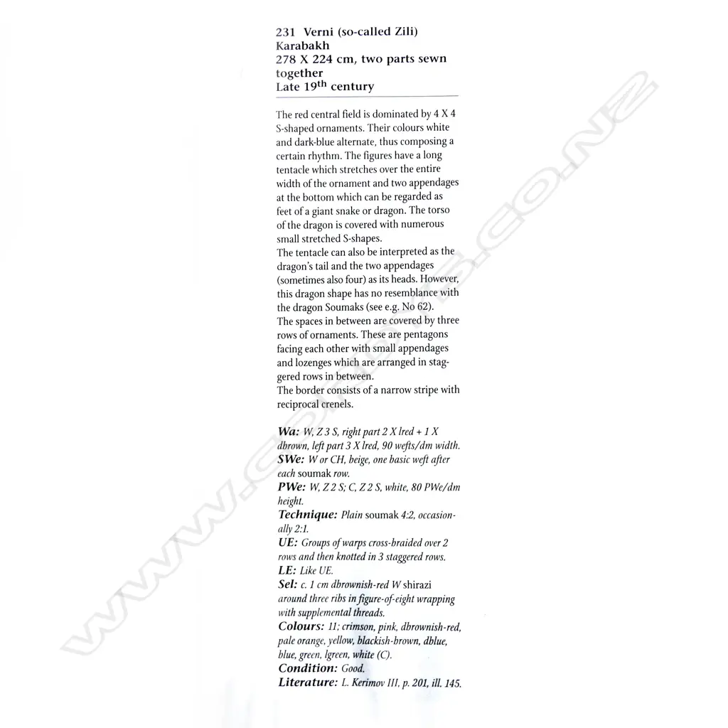 A Verni (so-called Zili), Karabakh flatweave. Late 19thC. 278 x 224cm. Image 1++