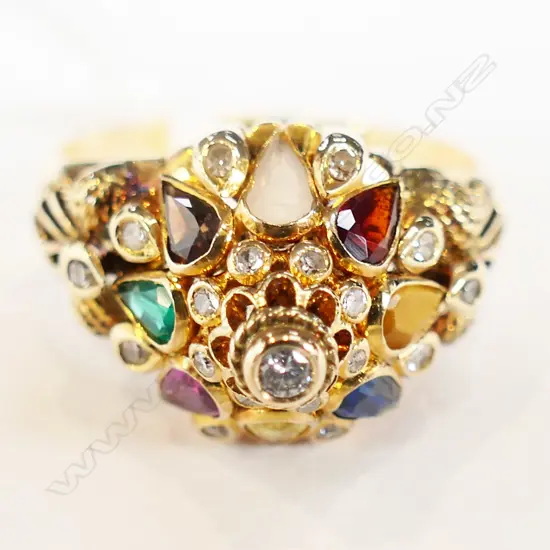 14ct VINTAGE GOLD & MULTI GEMSTONE PRINCESS RING 5.6gms