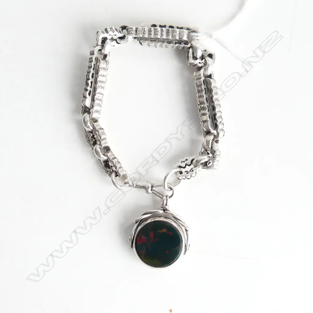 VICTORIAN SILVER FANCY LINK BRACELET with bloodstone spinner Image 1++