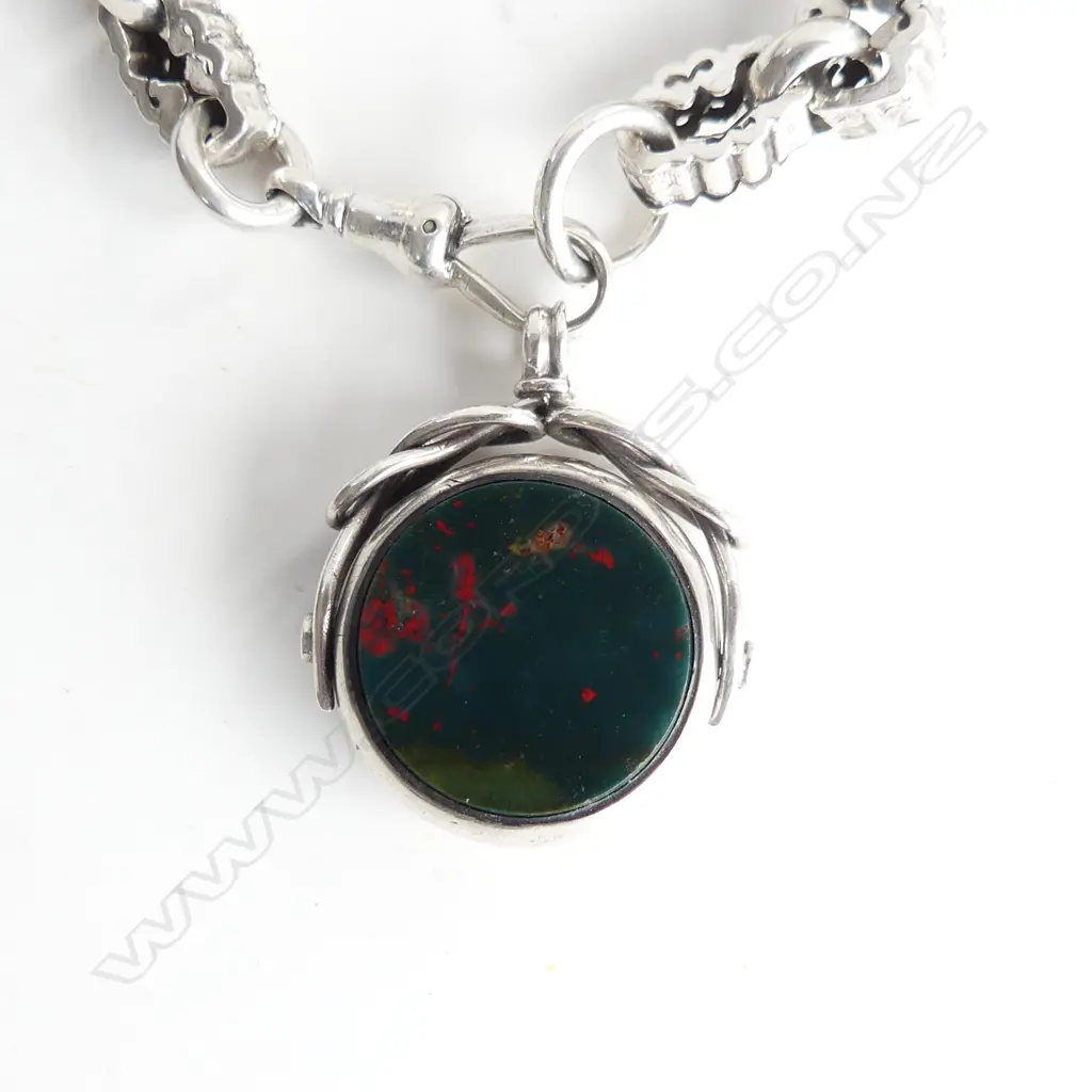VICTORIAN SILVER FANCY LINK BRACELET with bloodstone spinner Image 1++