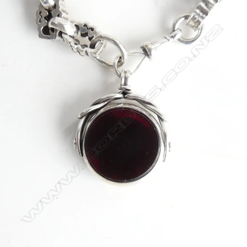 VICTORIAN SILVER FANCY LINK BRACELET with bloodstone spinner Image 1++