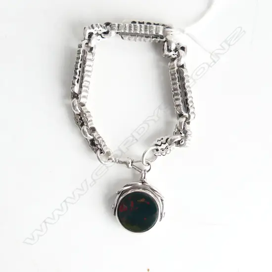 VICTORIAN SILVER FANCY LINK BRACELET with bloodstone spinner