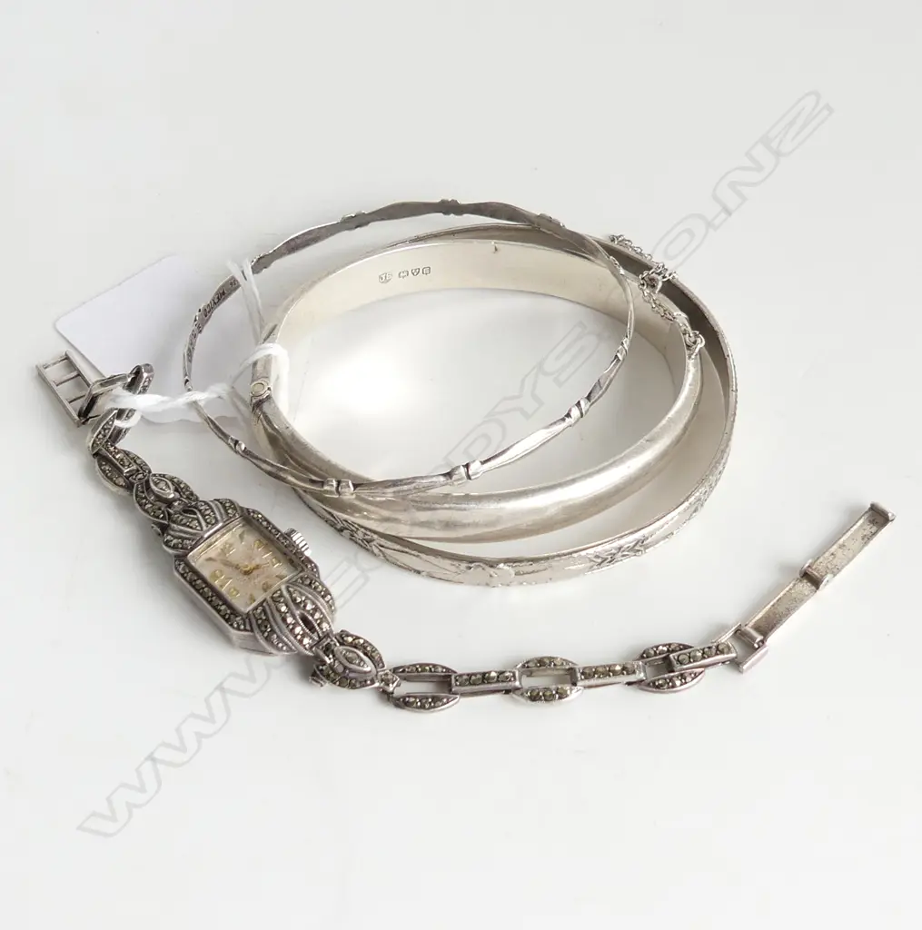 3 SILVER BANGLES & SILVER MARCASITE WRISTWATCH Image 1++