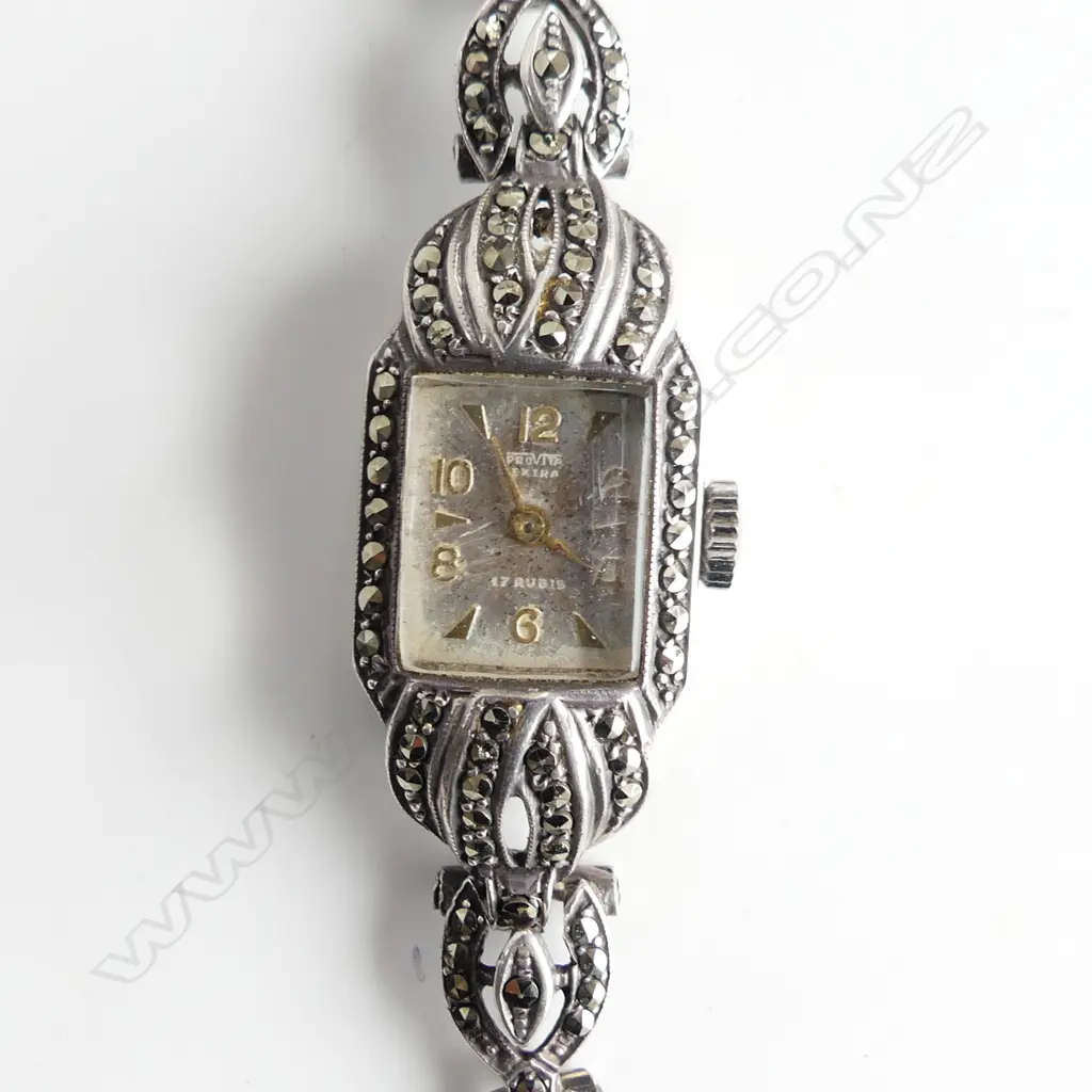 3 SILVER BANGLES & SILVER MARCASITE WRISTWATCH Image 1++