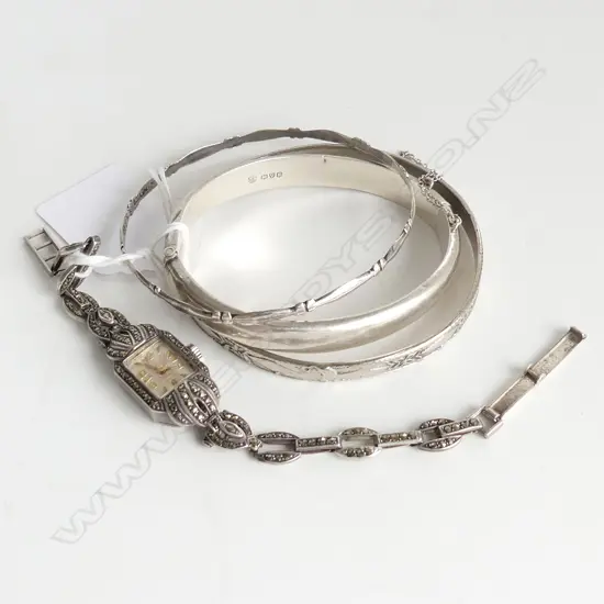 3 SILVER BANGLES & SILVER MARCASITE WRISTWATCH