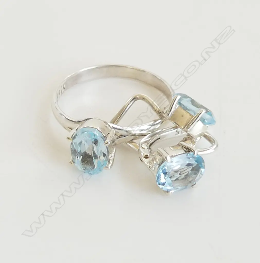 BLUE TOPAZ & SILVER SET; PR EARRINGS & RING Image 1++