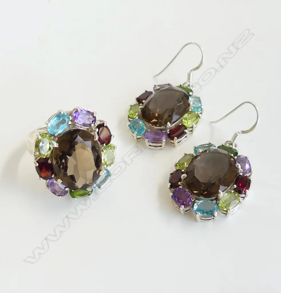 PR EARRINGS & RING IN MULTI COLOURED GEMSTONES Image 1++