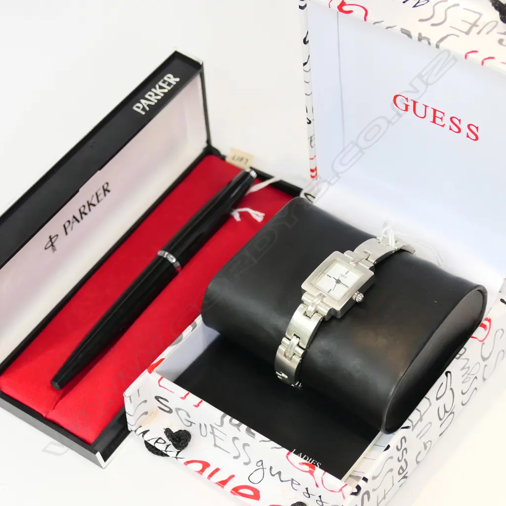 PARKER FOUNTAIN PEN (+2 REFILLS) & GUESS WATCH, BOTH CASED Image 1++