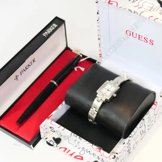 PARKER FOUNTAIN PEN (+2 REFILLS) & GUESS WATCH, BOTH CASED