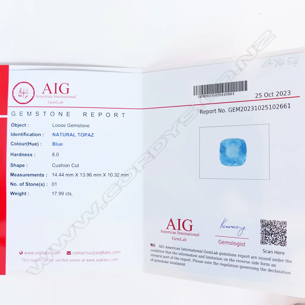 SWISS BLUE NATURAL CUSHION CUT TOPAZ, 17.99cts. AIG REPORT AVAIL Image 1++