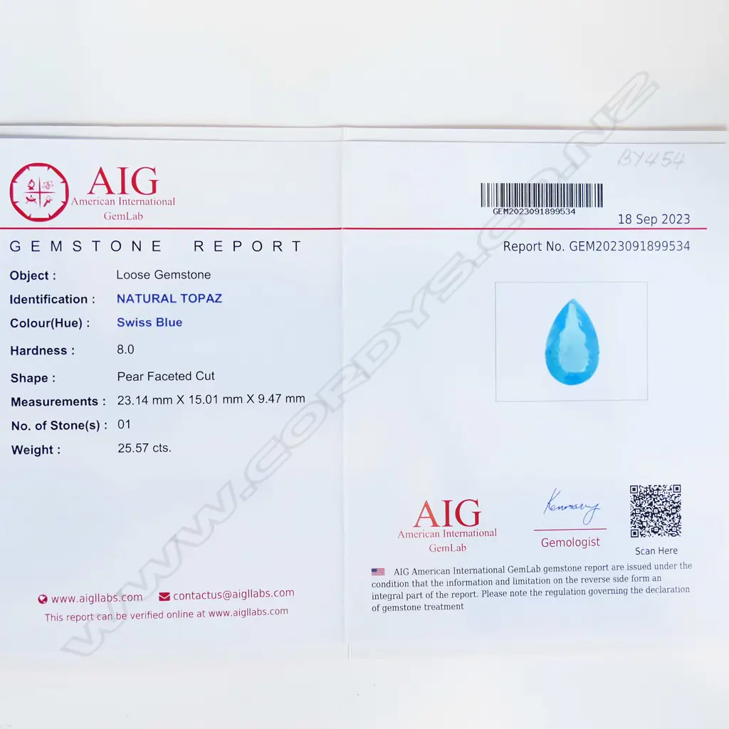 SWISS BLUE PEAR CUT NATURAL TOPAZ, 25.57cts, AIG REPORT AVAIL Image 1++