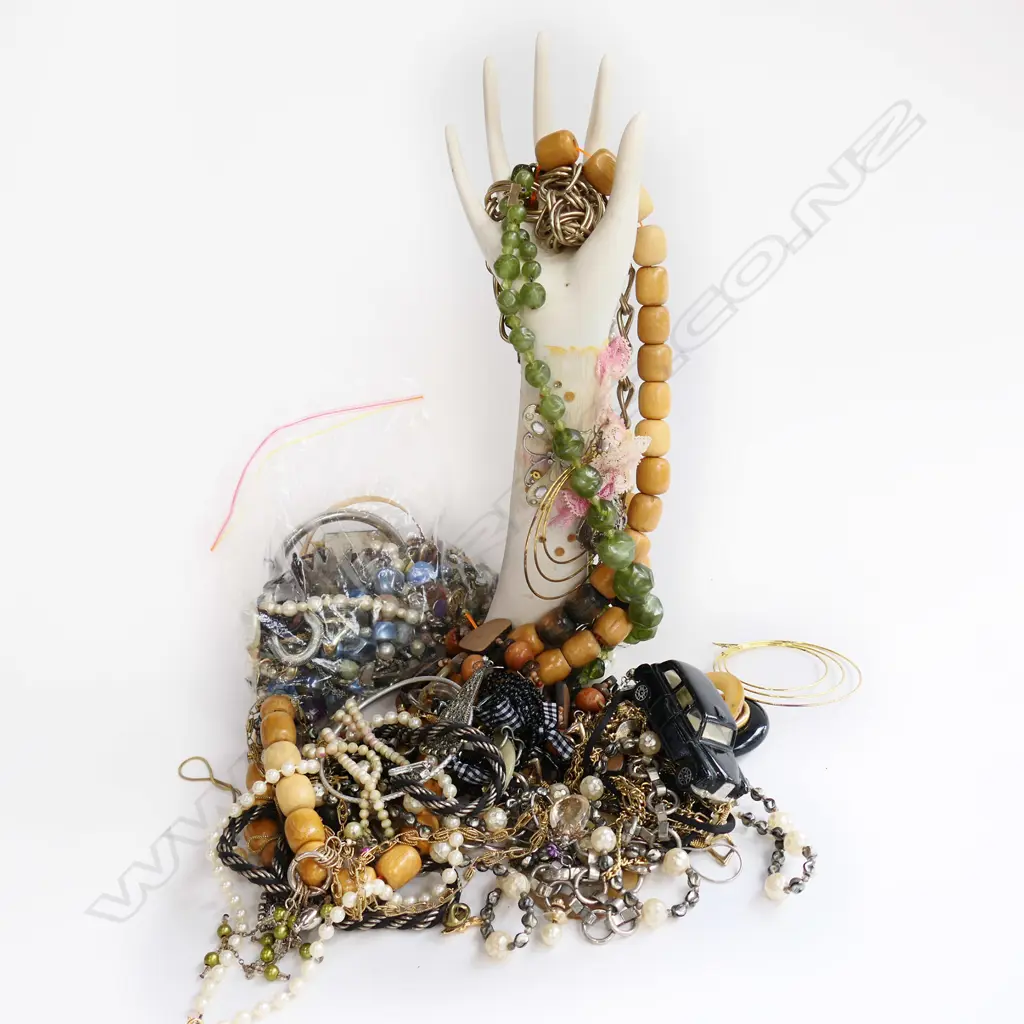 BOX ASST. COSTUME JEWELLERY, BEADS, WHITE DISPLAY HAND ETC Image 1++