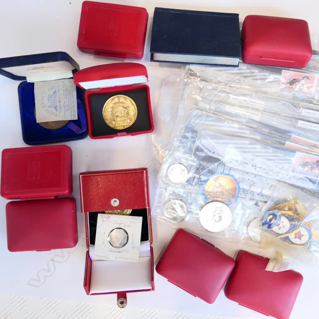 BOX LOT ASST. TOKENS, SOME CASED, ETC Image 1++