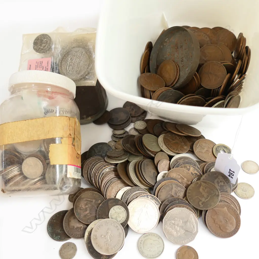 BOX LOT ASST. OLD COINS INCL. WWI  SERVICE MEDAL + 2 1953 ROYAL VISIT Image 1++