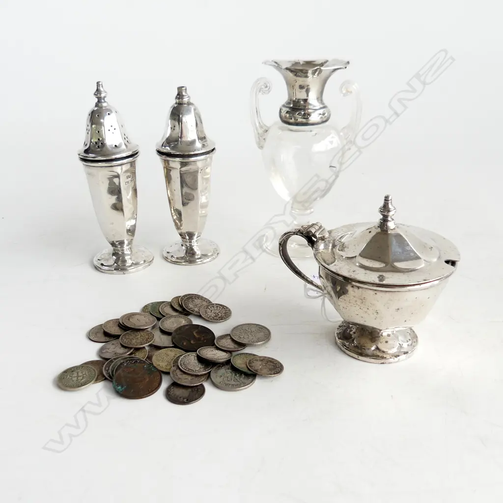 4 PCES STG SILVER; 3 CONDIMENTS (PR+1), GLASS VASE + ASST. COINS 3d ETC Image 1++