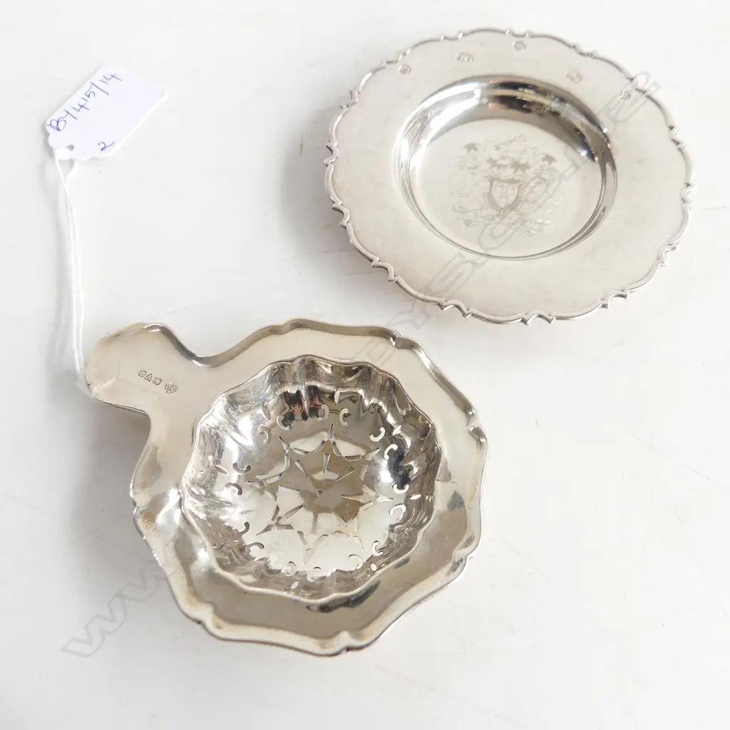 STG SILVER PIN DISH, SHEFFIELD 2000 & TEA STRAINER CHESTER 1915 79 GM Image 1++