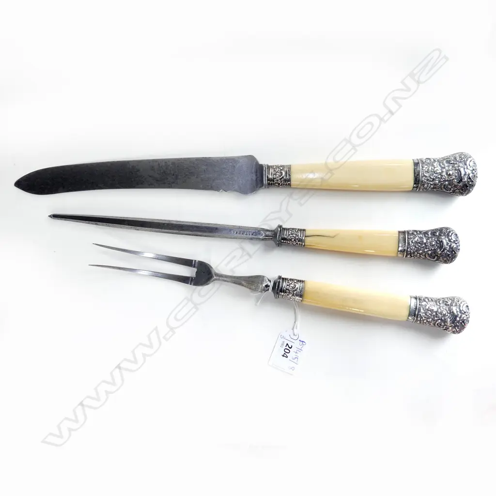 3 PCE BONE HANDLED CARVING SET w. STG SILVER FERULES SHEFFIELD 1896-02 L.400mm  Image 1++