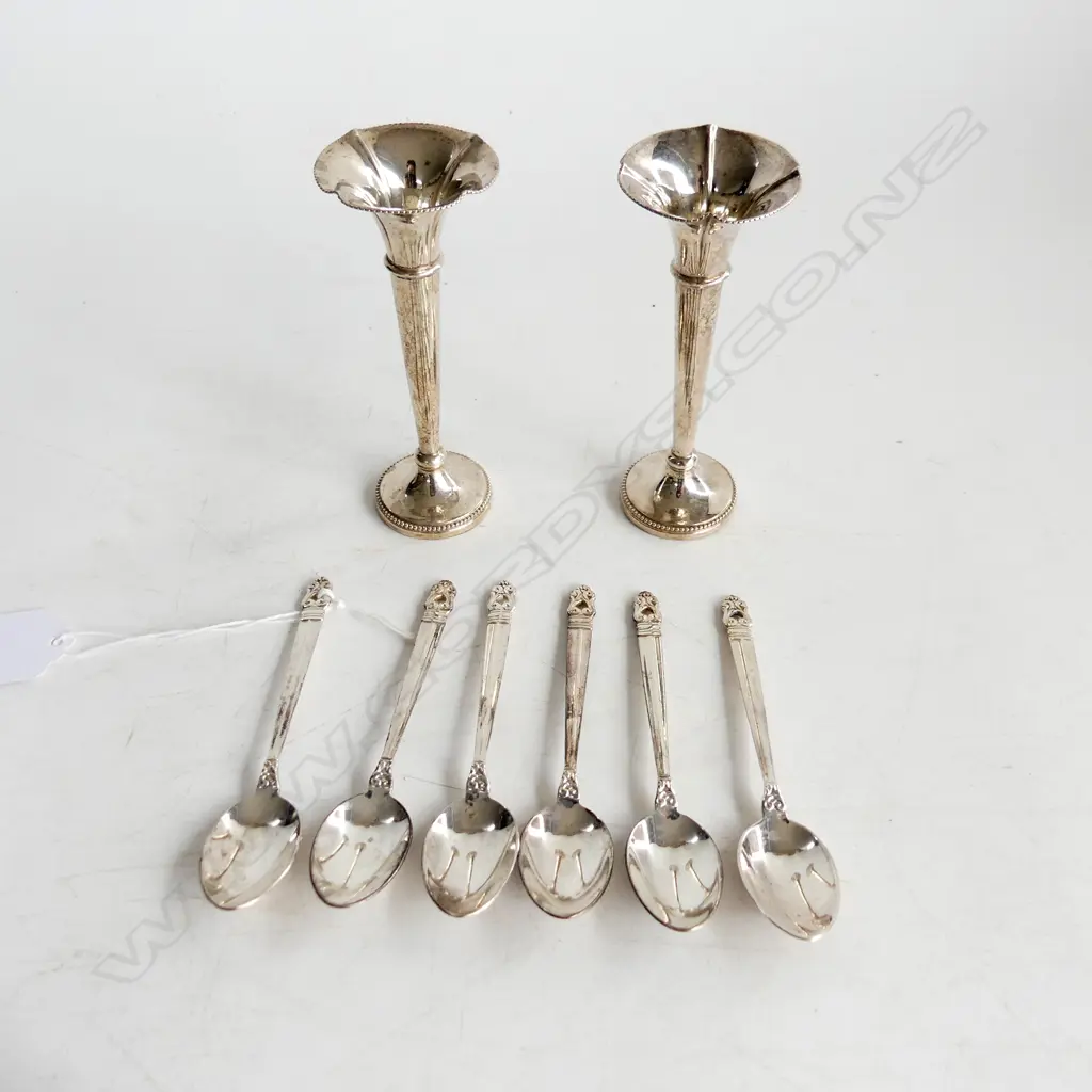 SET 6 STG SILVER ROYAL DANISH TEASPOONS 72 GRAMS + PR WEIGHTED 800 SILVER SML POSEY VASES H.110mm Image 1++