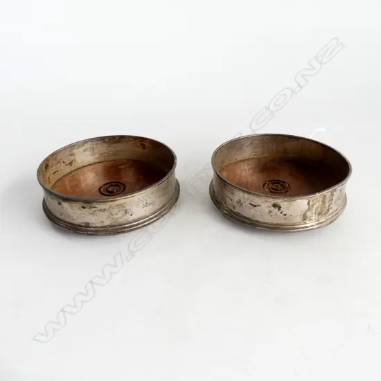 PR STG SILVER WINE COASTERS, LONDON 1986 130mm dia