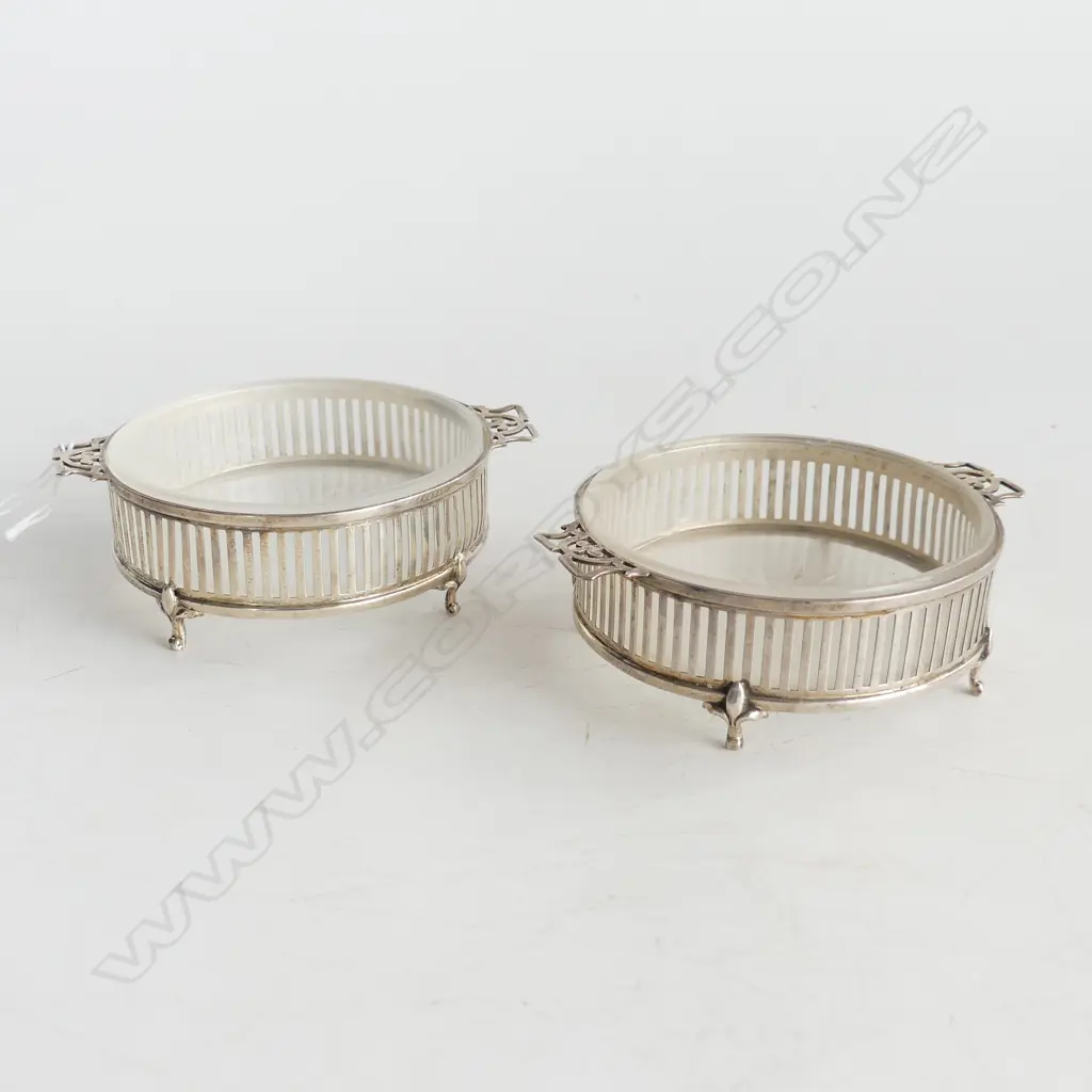 PR STG SILVER BUTTER DISHES w. GLASS LINERS, B'HAM 1910 90mm dia 82 GM Image 1++