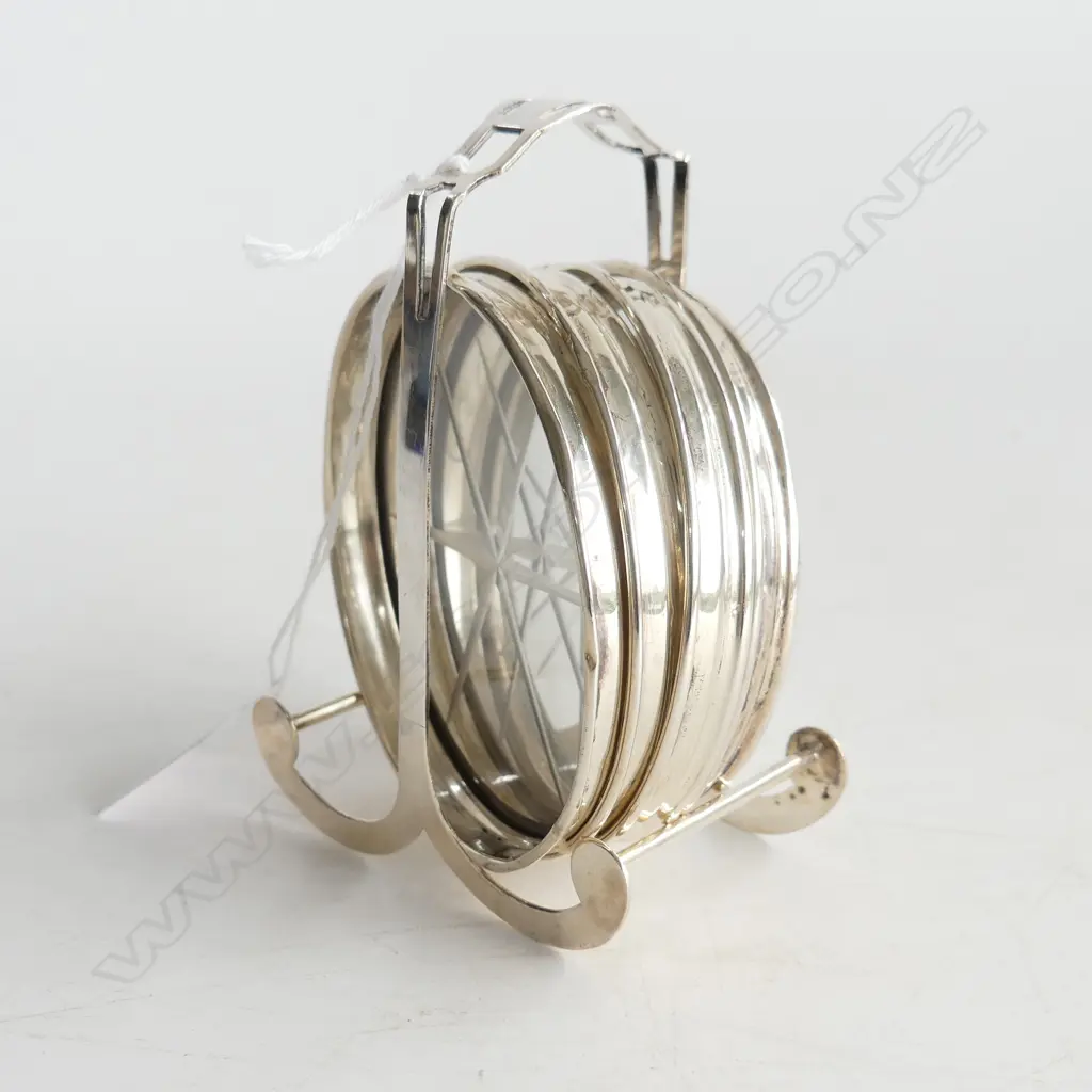 4 STG SILVER RIMMED GLASS COASTERS ON STAND 130 GM TOTAL Image 1++