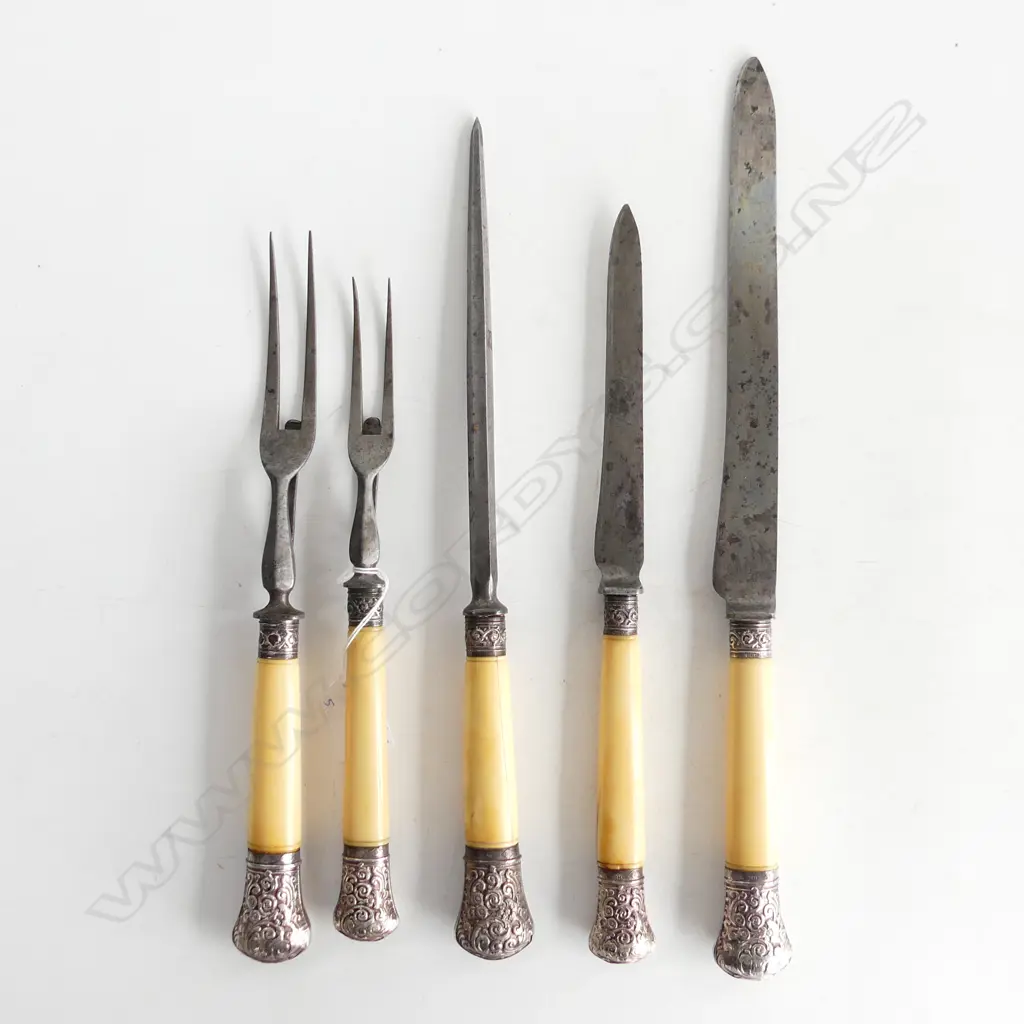 5 PCE BONE HANDLED CARVING SET w. STG SILVER FERULES SHEFFIELD 1856 L.385mm Image 1++