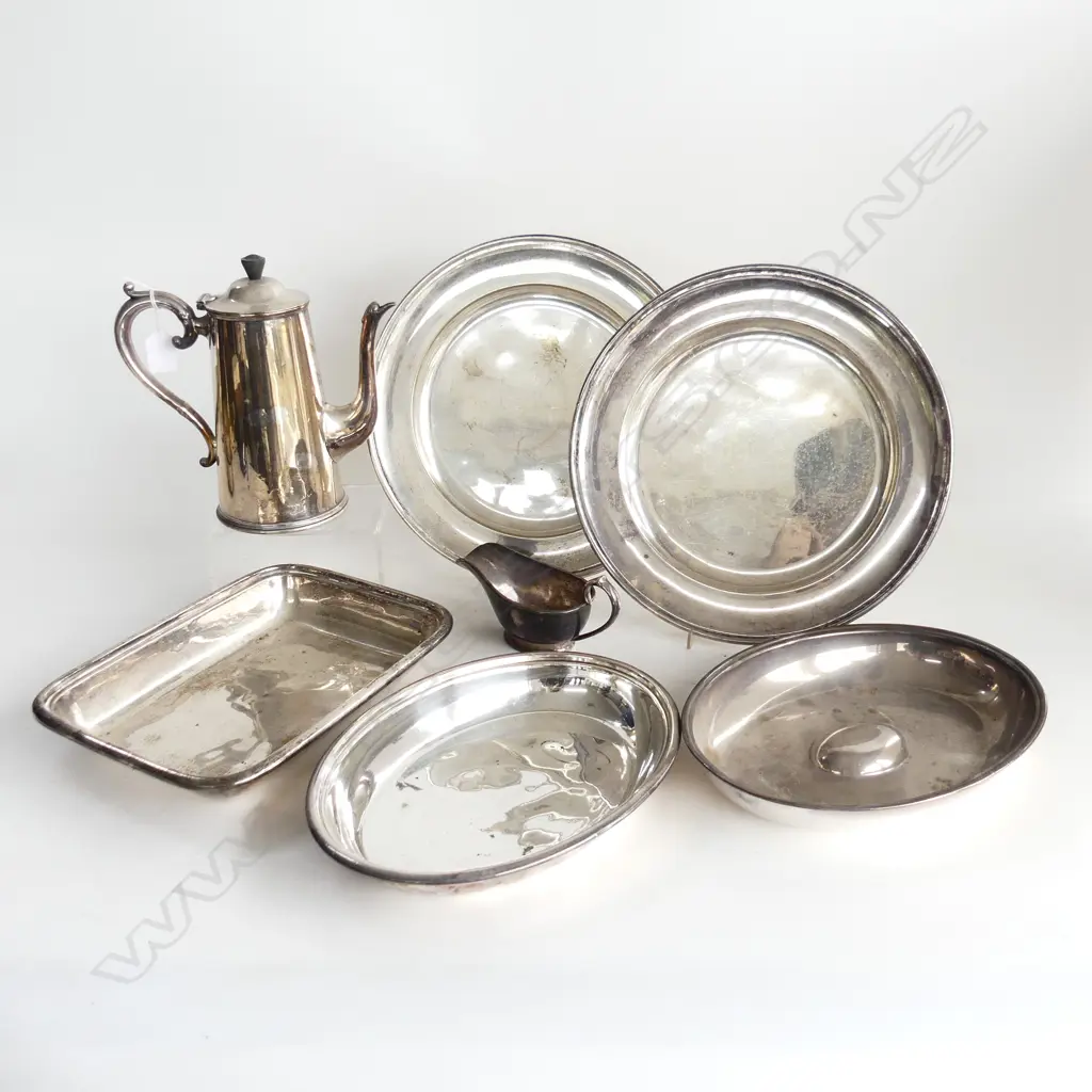 6 PCES ASST. SILVER PLATE; COFFEE POT, SAUCEBOAT, 2 PLATES, 2 VEGE DISHES Image 1++