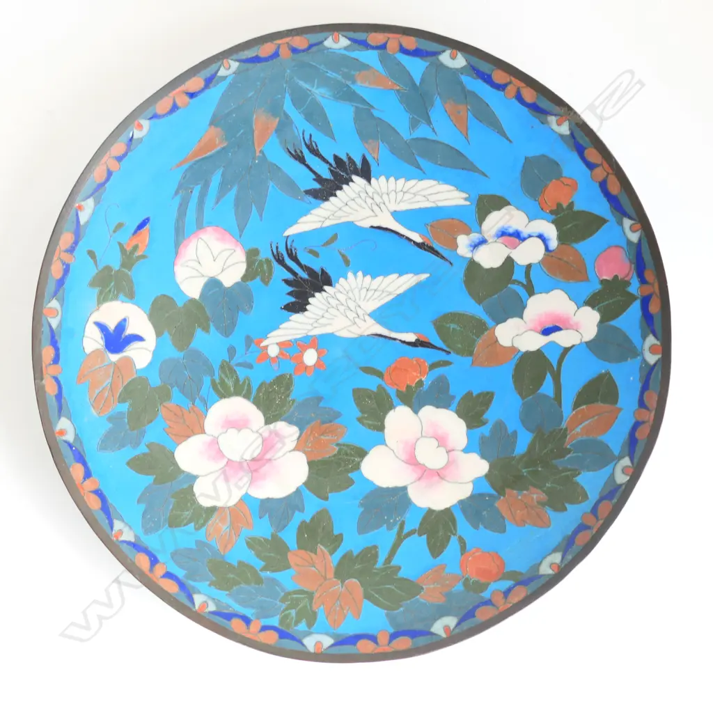 ORIENTAL CLOISONNE DISH W CRANES Image 1++