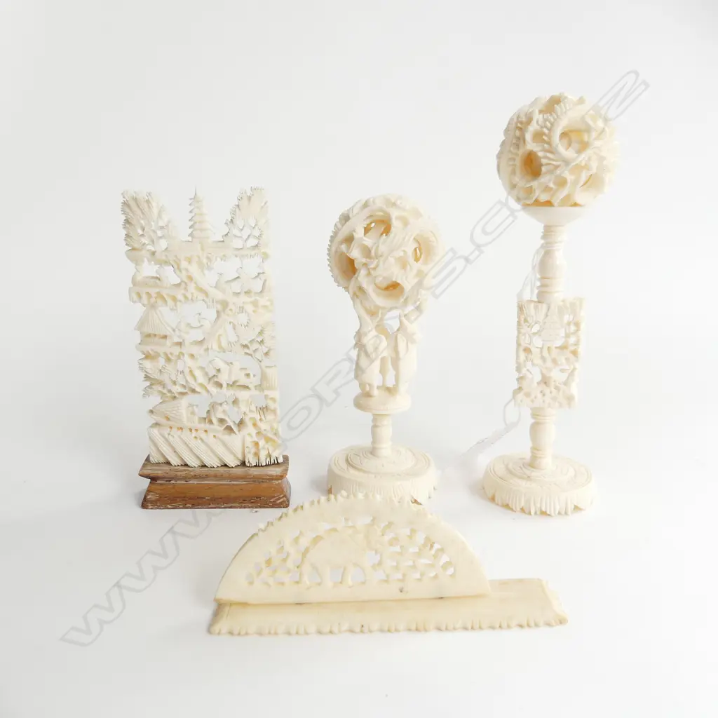 4 IVORY PCES; 2 PUZZLE BALLS H.145mm, ETC Image 1++