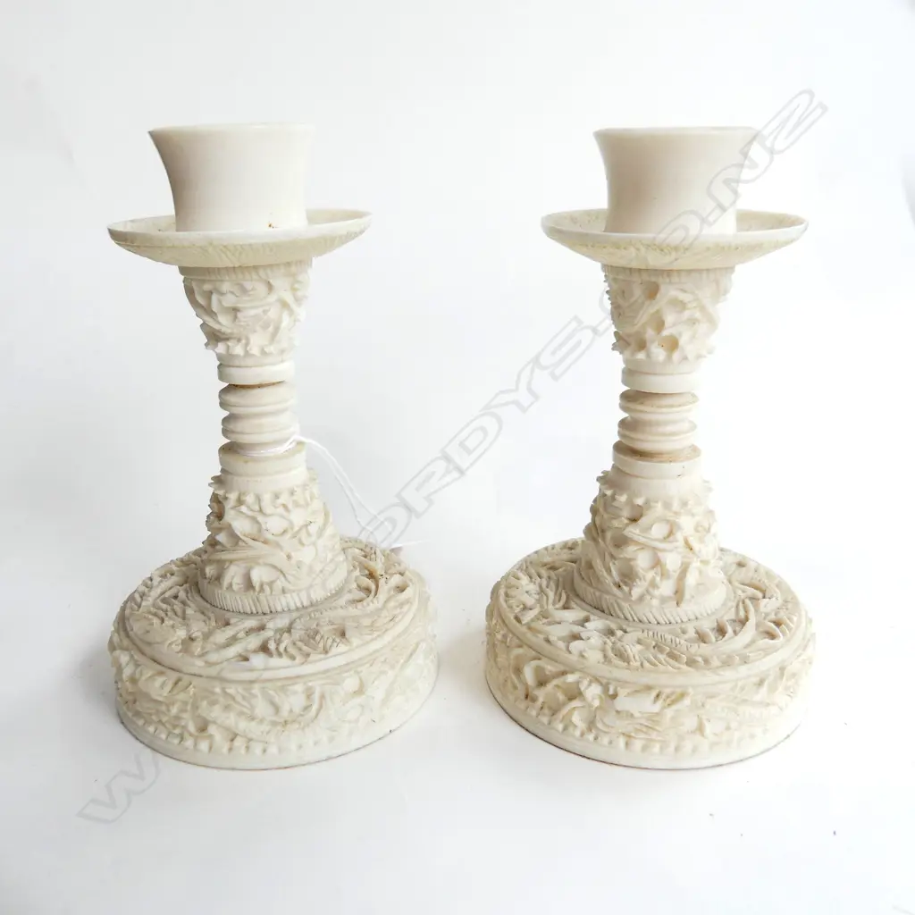 PR CARVED IVORY CANDLESTICKS H.120mm + PUZZLE BALL ON STAND H.90mm Image 1++