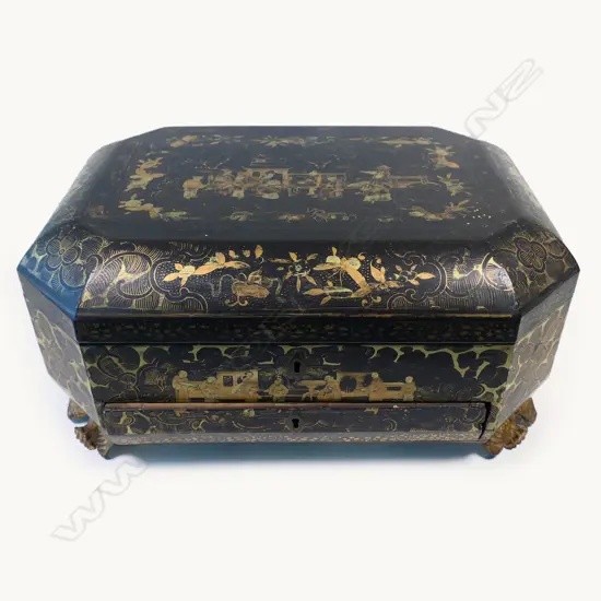 OCTAGONAL SHAPED 19THC JAPANESE LACQUER WORKBOX WITH BONE ATTACHMENTS INSIDE. 360X270X160mm