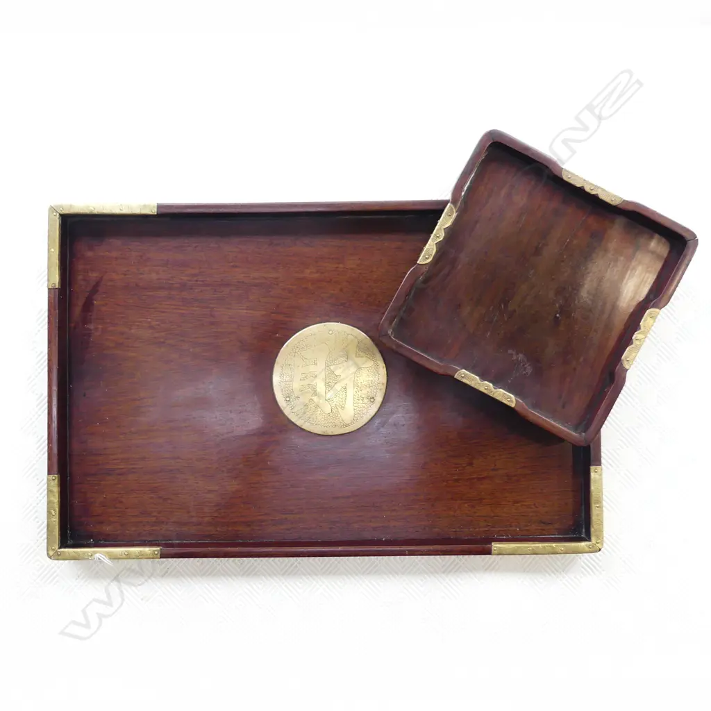 2 CHINESE TRAYS, WOOD w BRASS DETAIL,1 LRG,1 SML Image 1++