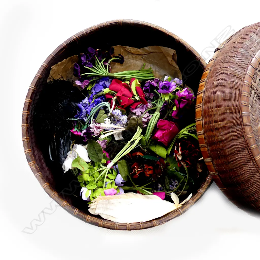 WOVEN ORIENTAL BOX 440mm dia, HAND MADE FLOWERS  Image 1++