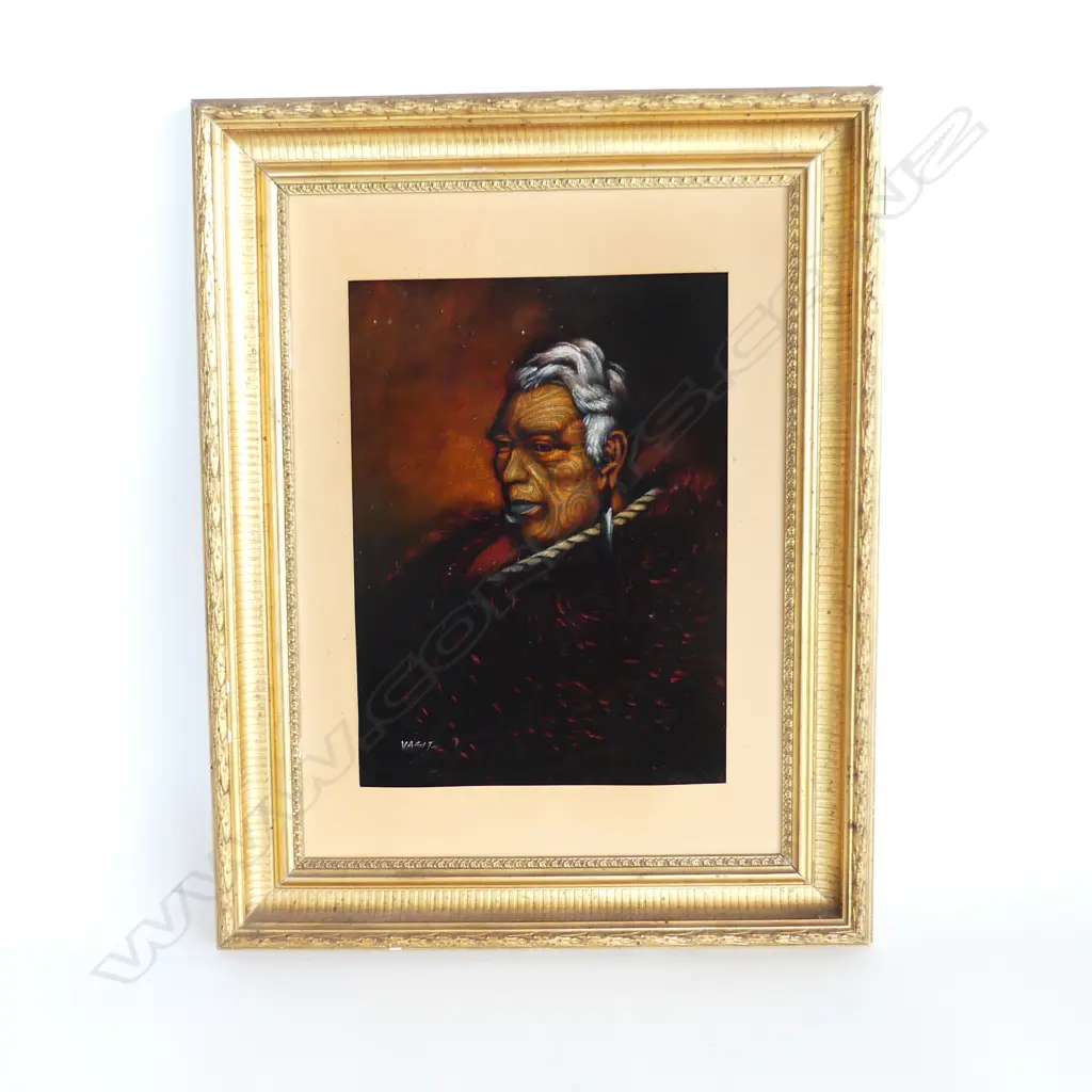 VELVET PAINTING OF MAORI MAN SIGNED VASIT 380x280mm GILT FRAME Image 1++